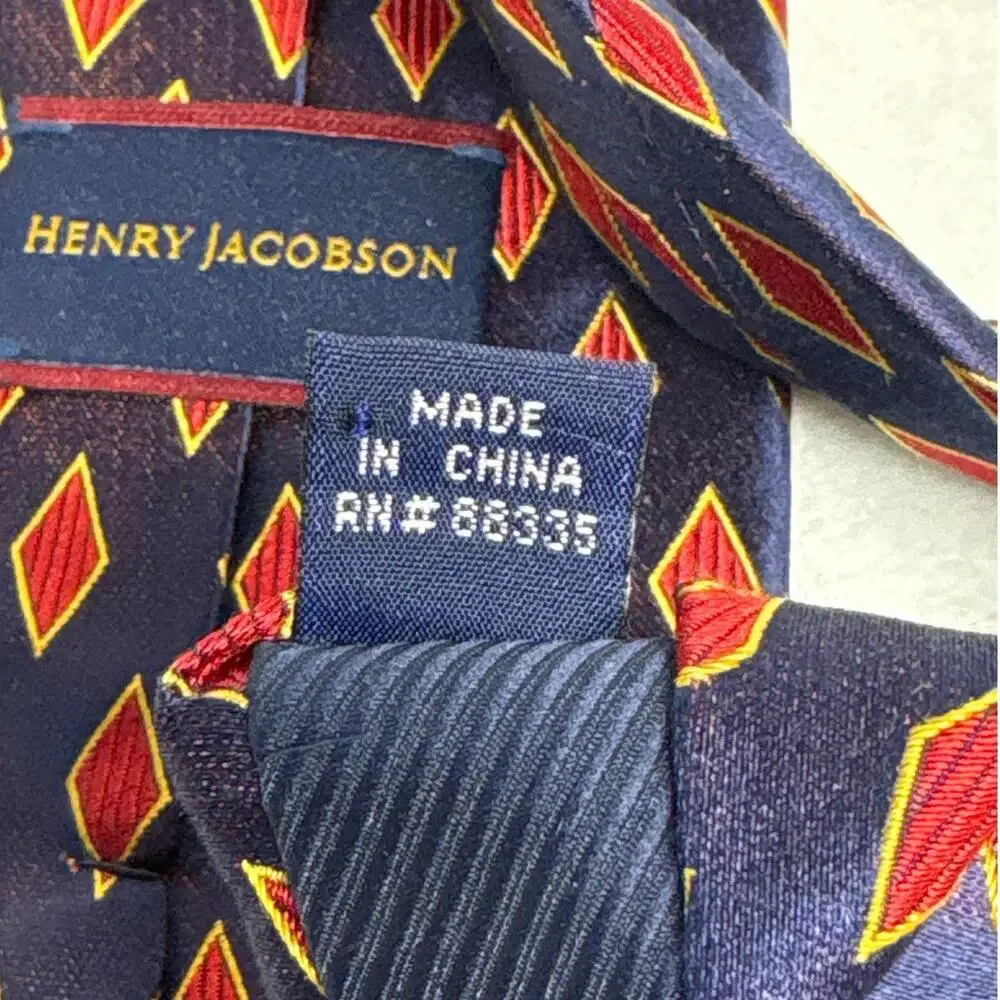 Henry Jacobson Men's Neck Tie‎ Blue Red Yellow Geometric 100% Silk Corpcore